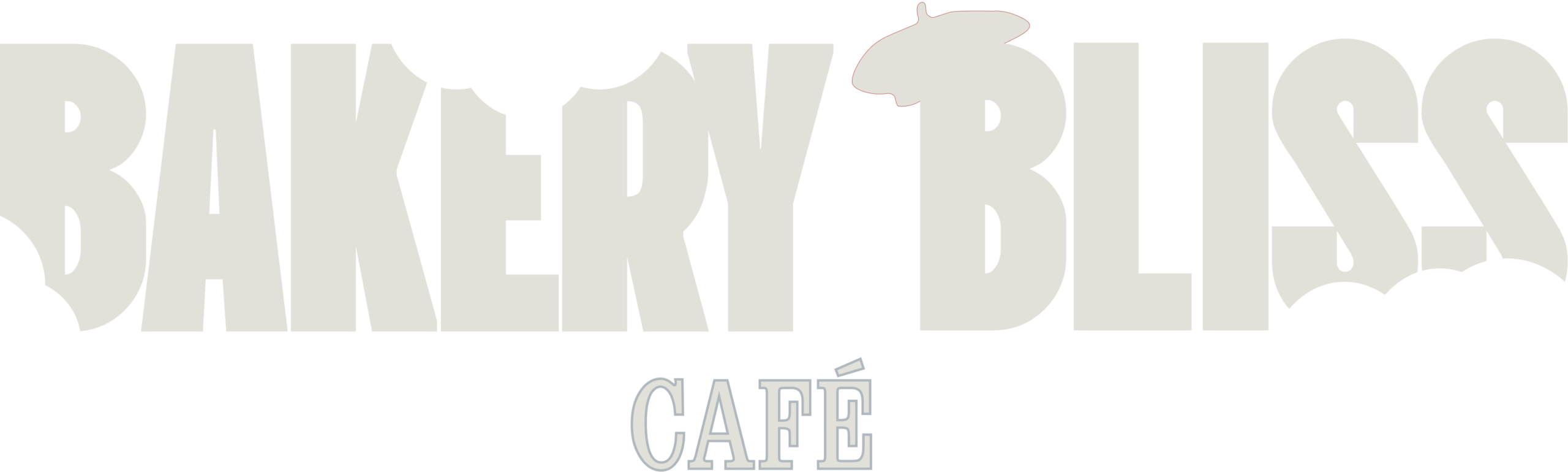 Logo « Bakery Bliss Café » en lettres capitales beige sur fond noir, avec une silhouette de vache intégrée au-dessus du mot « Bliss ».